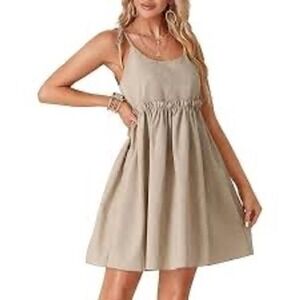 Commense Beige Linen Blend Tie Strap Babydoll Dress XL